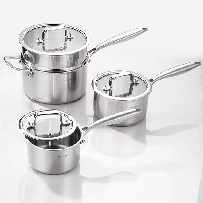 DELARLO Kitchen Pot Set, Tri-Ply Stainless Steel Saucepan Set, 1.0QT 2QT 3.5QT, Cooking Set, Fast Even Heat, Saucepan set Compatible with all Cooktops 600?됵펷Lids 300?됵펹3.5QT Pot with a Steamer