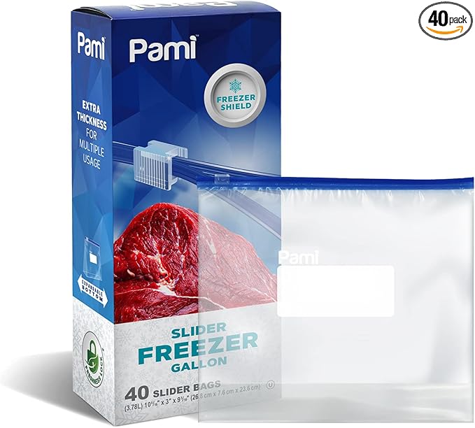 PAMI Slider Gallon Freezer Bags [40 Pack], Leakproof Freshness-Lock Food-Safe Storage with Expandable Bottom