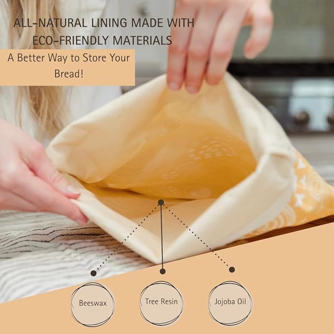Reusable Beeswax Bread Bag 2 Pack ??2x17 Bread Bag for Homemade Sourdough, Beeswax Coated Organic Cotton Storage Bag for Loaf Baguette, Freezer Safe, Eco-Friendly Wrap Honeybee