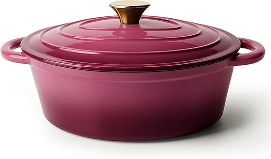 Vintage Style Oval Dutch Oven for Bread Baking, 4.5 Quart Non Stick Enameled Cast Iron Dutch Oven Pot with Lid, Oven Safe Oval Casserole with Lid up to 500째F for Baking, Braising, Stews, Roasting, Rose