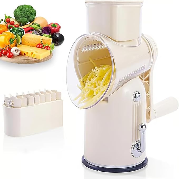5 in 1 Round Slicer & Rotary Cheese Grater - Hand Crank Vegetable Shredder with Suction Base, 5 Blades for Cheese, Nuts & Vegetables, Easy Clean & Safe Kitchen Mandoline Slicer Chopper (White)