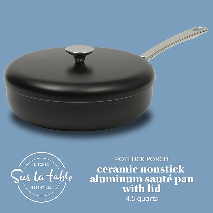 Sur La Table Kitchen Essentials Potluck Porch 4.5 Quart Saut챕 Pan, Deep Frying Pan Skillet w/Lid Aluminum PFA Free Ceramic Cookware Chef's Pan, Omelet Pan - Induction - Black
