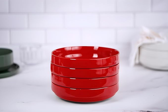KooK Ceramic Large Pasta Bowls, Microwave and Dishwasher Safe, Great for Soups and Salads, Shallow Serving Bowls, Glossy Porcelain, 47 oz, Set of 4, Cherry Red