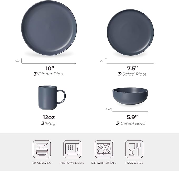 Furrnook 12-Piece Stoneware Dinnerware Set with Mugs | Microwave and Dishwasher Friendly | Stackable Matte Glaze Plates & Bowls | Service for 3 (Blue for 3)