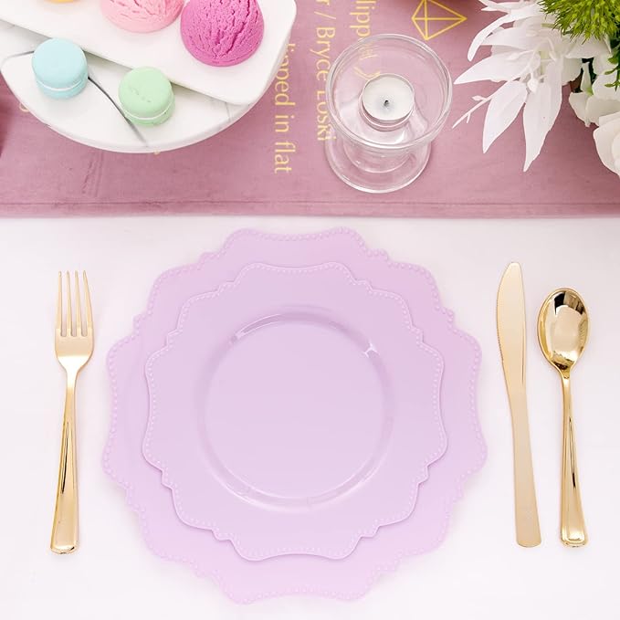 COLOSUS 60Pcs Lavender Purple Plastic Plates set,Heavy Duty Purple Disposable Plates include 30 Dinner plate 10.5??and 30 Salad/Dessert Plate 8.25??for Party and wedding