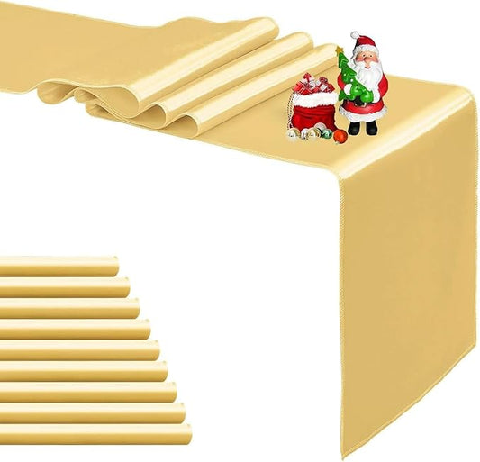 10-Pack Light Gold Satin Table Runner 12 x 108 Inch Long Bright and Smooth Silk Fabric Table Runner for Wedding Banquet Birthday Party Decoration