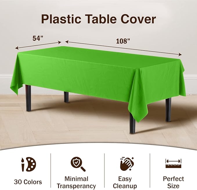 Party Solids Pack Of 6 Premium Plastic Tablecloth 54 Inch x 108 Inch Rectangle Plastic Table Cover - Lime Green