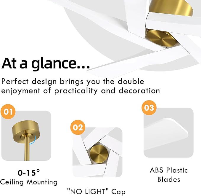 WINGBO 54" ABS DC Ceiling Fan No Light, 5 Blade ABS Plastic Ceiling Fan with Remote, 6-Speed Reversible DC Motor, Ceiling Fans without Light for Kitchen Bedroom Living Room, Brass and White