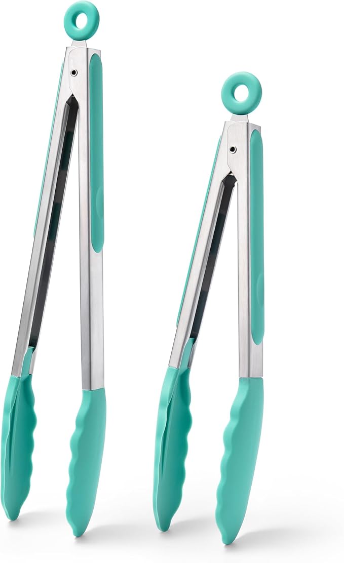 Doosu Kitchen Tongs for Cooking - 600째F Heat Resistant Food Tong Set with Non-Scratch Silicone Tips, Heavy Duty Stainless Steel Locking Tong for BBQ, Grilling Steak, Serving Salad (9+12in, Aqua Sky)