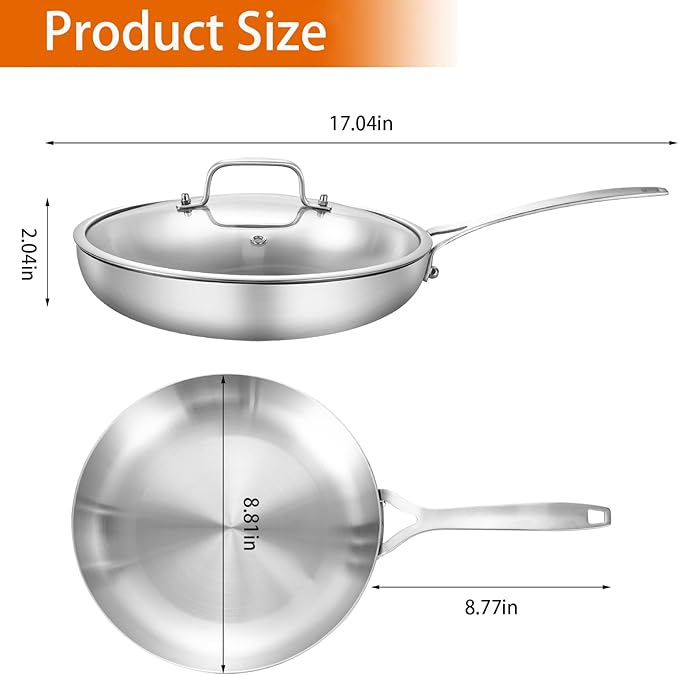 DELARLO Tri-Ply Stainless Steel 8 inch Frying Pan With Lid, Oven Safe Induction Skillet, Suitable for All Stoves Up to 600?됵펷Lids 300?됵펹