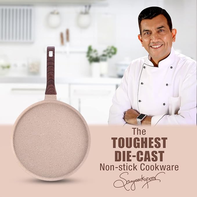 Wonderchef Duralife Die-cast 28 cm Dosa Tawa 5 Layer Healthy Duramax Non-Stick Coating Soft Touch Handle Pure Grade Aluminium PFOA Free 2 Year Medium Ivory