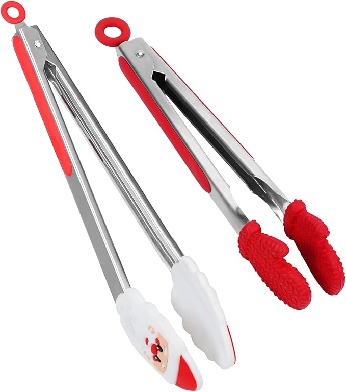 Kitchen Tongs, Premium Stainless Steel, Food-Grade Silicone Tips with Christmas Design, Heat Resistant 500쨘F, 2-Piece Set (9'' and 12'')