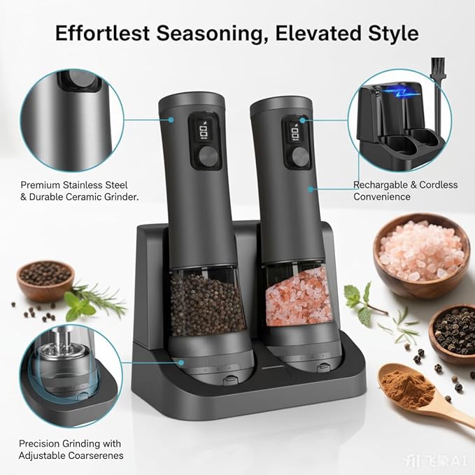 Electric Salt and Pepper Grinder Set With Battery Display Rechargeable Base, External Adjustable Coarseness, Automatic Ceramic Salt & Pepper Shakers Mills(Black Pro)