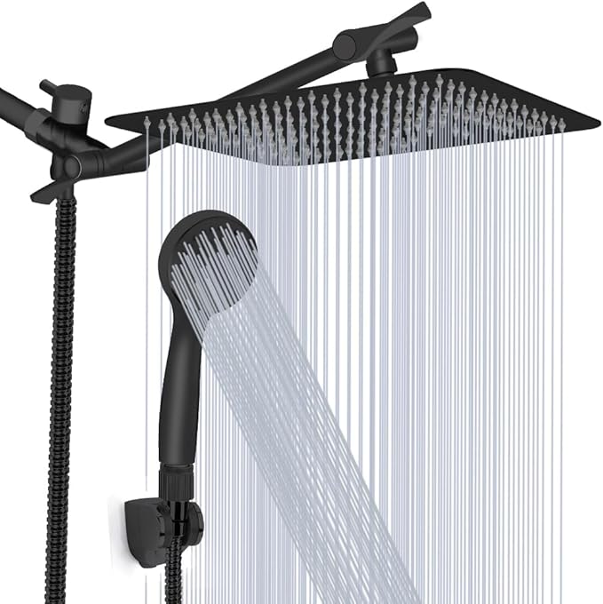 Shower Head, Kaqinu 10'' High Pressure Rainfall Shower Head/Handheld Showerhead Combo with 11??Extension Arm, Anti-leak Shower Head with Holder/Hose, Flow Regulator - Matt Black