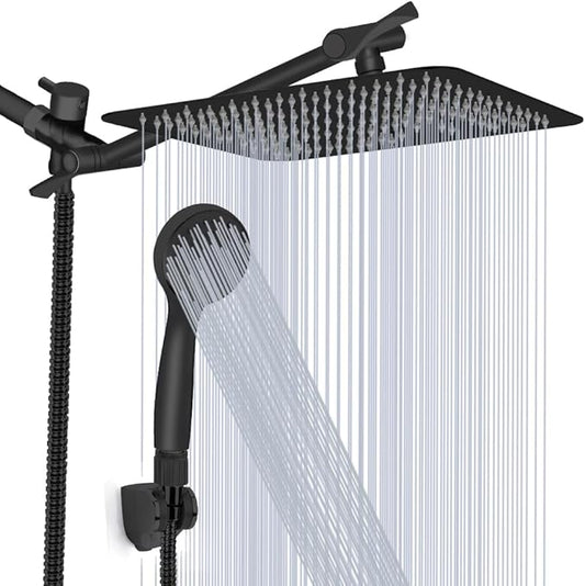 12'' High Pressure Rainfall Shower Head/Handheld Showerhead Combo with 11' Extension Arm, Anti-leak Shower Head with Holder/Hose, Flow Regulator - Matt Black