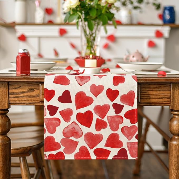 Artoid Mode Red Heart Table Runner, Seasonal Anniversary Wedding Kitchen Dining Table Decoration for Home Party Decor 13x36 Inch
