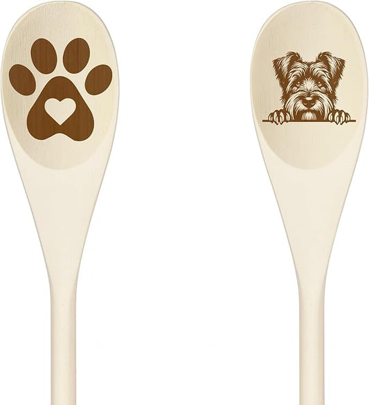 GLEN OF IMAAL TERRIER Wooden Spoons for Cooking, Serving or Decorative Kitchen Utensils Set Dog Lover Dog Mom/Dad Gift with Peeking Dog Designs, Paw Print and Dog Head, Kitchen Utensils Set of 2