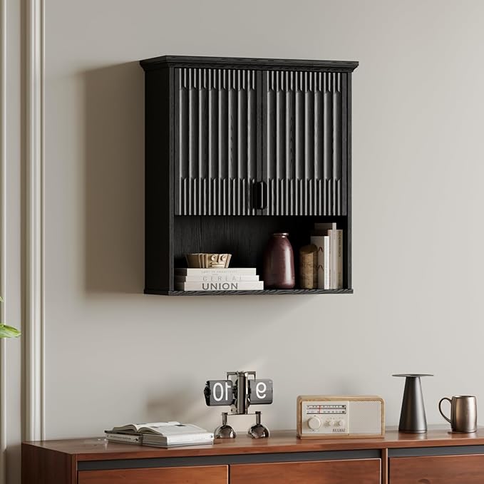 FLOWBACK BlackBathroom Wall Cabinet Over The Toilet Storage, 23.5횞31.4 Inch Wall Mounted Medicine Cabinet for Bathroom with Adjustable Shelf and Door, Wood Cabinet for Laundry Room, Bedroom Kitchen