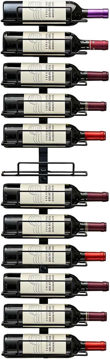 Modern Wall Mounted Wine Rack, Black Metal 12-Wine Bottle Holder for Wall Storage Display, Vertical Space Saving Design for Home Bar, Kitchen, Restaurant