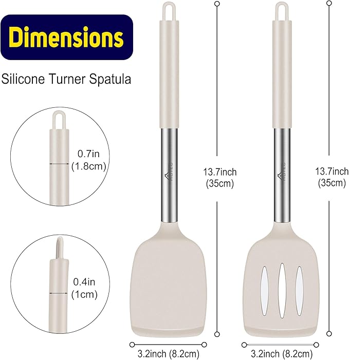 HOTEC Silicone Spatula Set of 2 Heat-Resistant 600째F & BPA-Free Kitchen SaptulaTurner with Stainless Steel Handles, Slotted & Solid Spatulas for Nonstick Cookware, 13.7 Inch, Khaki