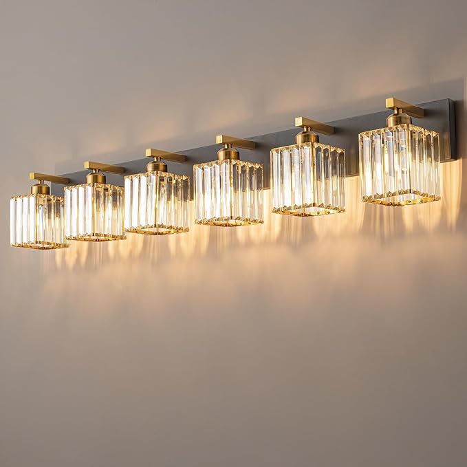 Modern Bathroom Vanity Light 6-Lights Black Gold Crystal Bathroom Wall Light Vanity Light Fixturesï¼?4.09-inch Modern Minimalist Design