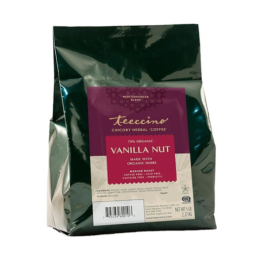 Teeccino Vanilla Nut Chicory Coffee Alternative, 5 Lb Bag - Ground Herbal Coffee That?™s Prebiotic, Caffeine Free & Acid Free, Medium Roast