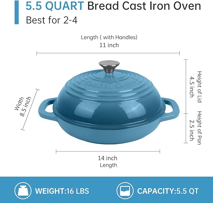 Premium Enameled Cast Iron Dutch Oven for Bread Baking | Non-Stick 5QT Oval Bread Oven with Lid | Perfect for Sourdough, Loaf, and Artisan Baking (Round Blue, 5 QT)