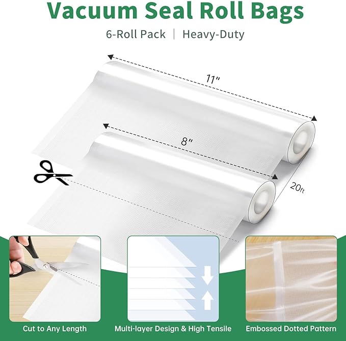 Aotto Vacuum Sealer Bags for Food - 6 Pack 8"x20' (3Rolls) and 11"x20' (3Rolls) Commercial Grade BPA Free Vacuum Seal Bags for Food Storage, Meal Prep and Sous Vide