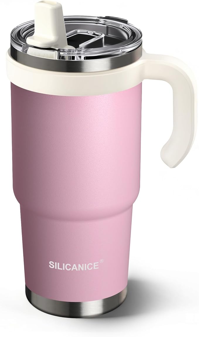 SILICANICE Kids - 24oz Insulated Tumbler - Removable Flip Spout & Straw Water Bottle With Durable handle, Base & Lid, Leak proof, Perfect for School, Sports, Lunch, Travel & Camp- Pink sand
