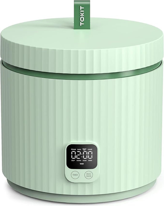 TOKIT Rice Cooker Small 3 Cup Uncooked /6 Cup Cooked, Modern Multifunctional Mini Rice Cooker with 24-H Timer & Warmer for 1-3 People Ceramic Coated Non-Stick Pot 8 Cook Functions, Avocado Green