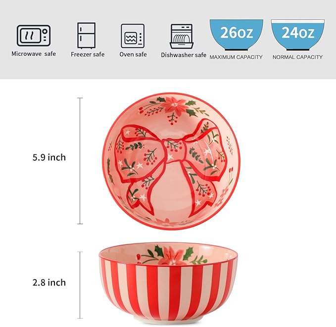 glowworm Cereal Bowls Set of 6, 26 Oz Ceramic Soup Bowls, Cereal Bowls for Rice, Oatmeal, Fruit, Ice Cream, Dessert, Dishwasher & Microwave safe, Pink
