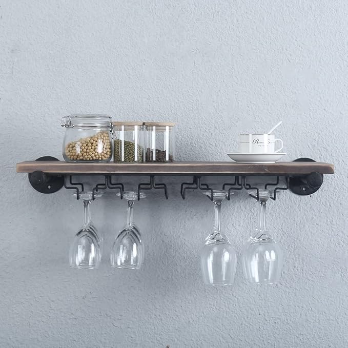 Industrial Wine Rack Wall Mounted with 5 Glass Holder,Wine Glass Rack Floating Wine Glass Shelf,24in Pipe Shelving Hanging Wood Shelves
