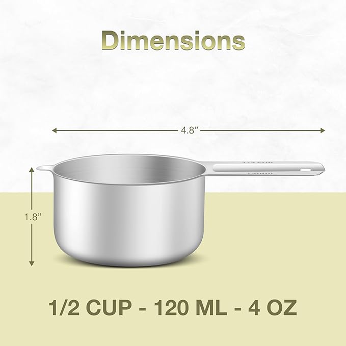 BERYLER 2PCS 1/2Cup (120ml, 4oz) Single Measuring Cup, Etched Inner Scale Stainless Steel Measure Scoop, Metric and US Measurement, Dishwasher Safe