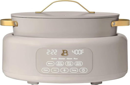 Beautiful 10-in-1 Electric Multi-Cooker by Drew Barrymore, 6-quart, digital display, 10 cooking functions, non-stick pot, easy one-touch control (Porcini Taupe)