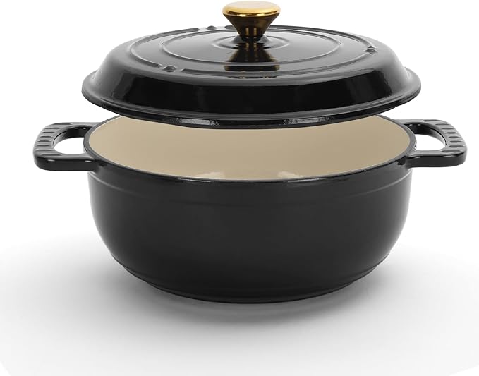 Cast Iron Dutch Oven, 5 Quart, Black, Enameled, Round, Oven Safe, Includes Silicone Mitts