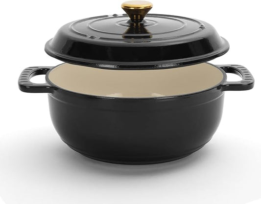 Cast Iron Dutch Oven, 5 Quart, Black, Enameled, Round, Oven Safe, Includes Silicone Mitts