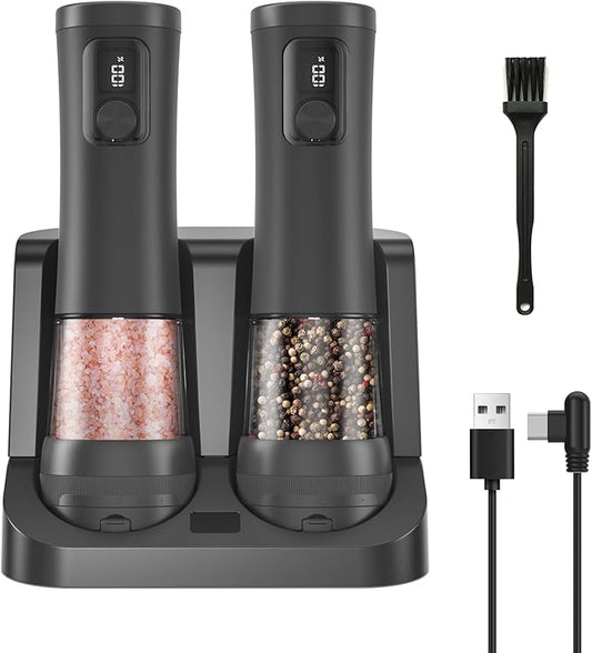 Electric Salt and Pepper Grinder Set,2 Pack Rechargeable Automatic Pepper Mill,with Charging Base,5 Level,Display,LED Lighting,Large Capacity,Kitchen Gift (2, Black, Charging Base)