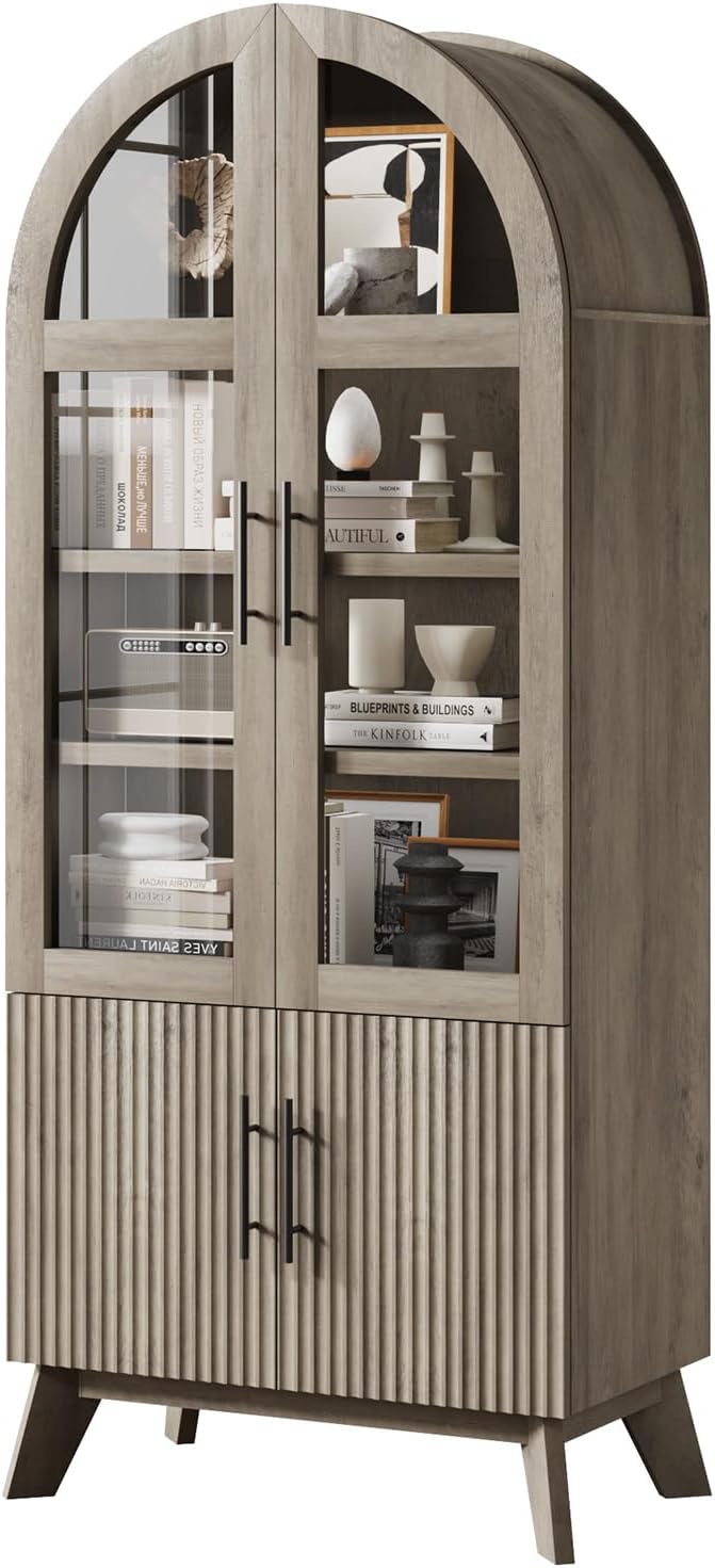 QUW 71" Modern Fluted Display Cabinet, Fluted Arched Pantry Cabinet, Tall Kitchen Storage Pantry with Adjustable Shelf, Storage Cabinet for Living Room, Dining Room, Grey