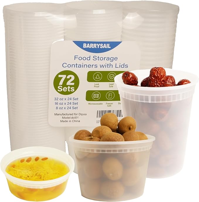 Disposable Food Storage Containers with Lids, BPA-Free, Leakproof, Microwave, Dishwasher and Freezer Safe, Perfect for Everything from Dips and Sauces to Fruits and Full Meals (72PCS)