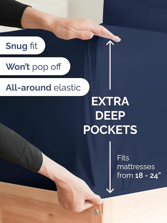 Extra Deep Pocket King Sheets - 4 Piece Breathable & Cooling Bed Sheets - Hotel Luxury Bed Sheet Set - Soft, Wrinkle Free & Comfy - Easily Fits Extra Deep Mattresses - Deep Pocket Navy Blue Sheets Set
