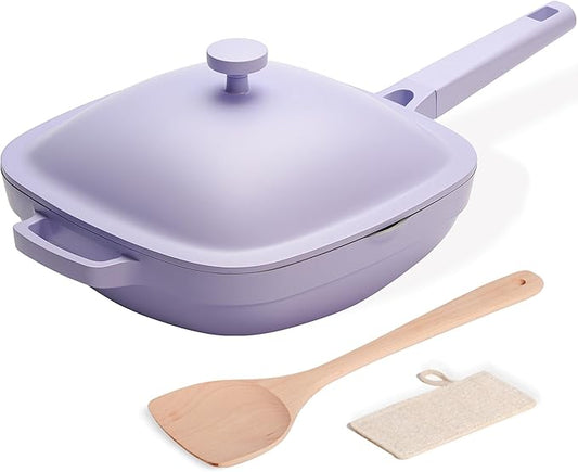 10.5 Inch(3.8QT) Ceramic Pan with Lid,Non Stick Frying Pans Cast Aluminum Deep Saut챕 Pans,Ti-Ceramic Non Toxic Pix Pan with Wooden Spatula and Scrubber-Dusk Petal