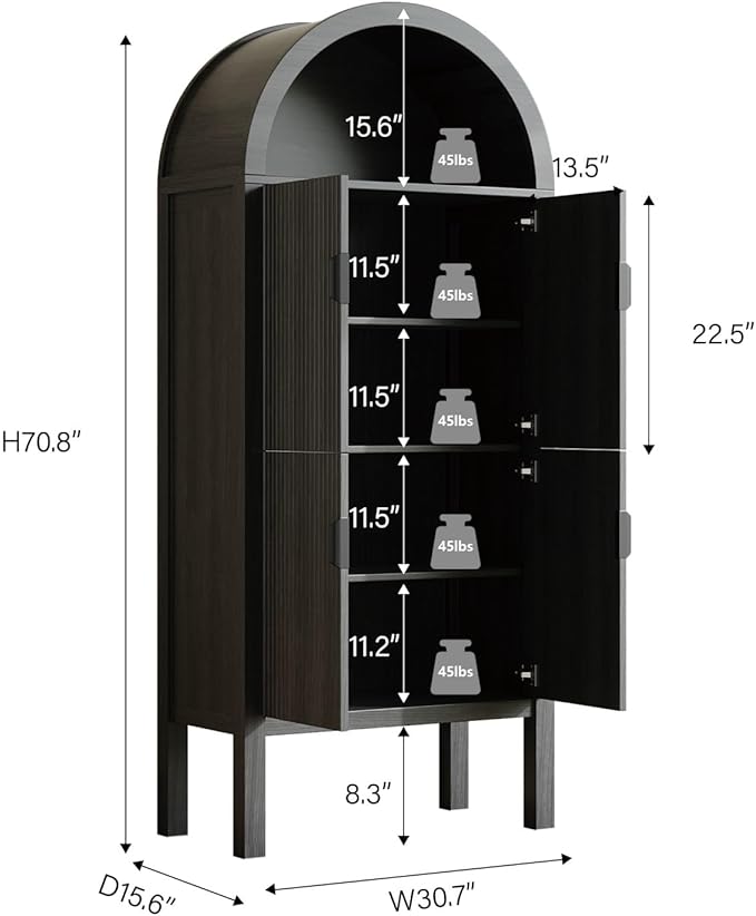 71" Tall Arched Fluted Storage Cabinet - Modern Pantry Cabinet with 4-Tier Shelves, Open Display & Sealed Storage, Accent Sideboard for Living Room Kitchen Dining Room (Dark Gray)