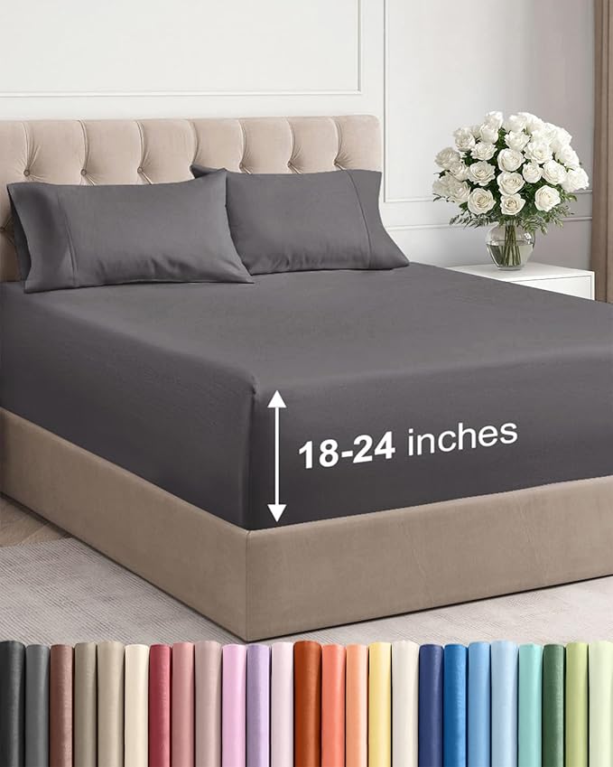 CGK Linens Extra Deep Pocket King Sheets - 4 Piece Breathable & Cooling Bed Sheets - Hotel Luxury Bed Sheet Set - Super Soft, Wrinkle Free and Comfy - Fits Extra Deep Mattresses - Dark Grey Sheets Set
