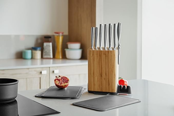 BergHOFF Legacy 11Pc Knife Block Set, Stainless Steel Sharp Blade Kitchen Knives, Wood Block, Cutting Boards, Sharpener, Anti-skid Base, Hollow Handle, Magnet for Scissors, Seamless Construction