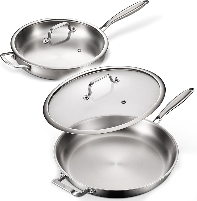 DELARLO 2-Piece Stainless Steel Pan 12-inch & 14-Inch, Frying Pan with Lid, Heavy Duty, Compatible with Induction, Electric up to 650?? Fast & Even Heating, Durable, Dishwasher, Oven Safe Skillet