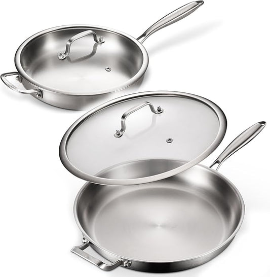 DELARLO 2-Piece Stainless Steel Pan 12-inch & 14-Inch, Frying Pan with Lid, Heavy Duty, Compatible with Induction, Electric up to 650?? Fast & Even Heating, Durable, Dishwasher, Oven Safe Skillet