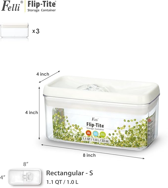 Felli Flip Tite Food Storage Container with Lid 4??RECTANGLE Airtight Ring Flip Lock Top, Stackable Acrylic Canister Set for Kitchen Fridge Pantry Organizer, Veggie Fruit Tea Bag Snack (1.1 qt)