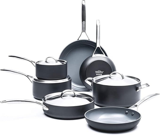 GreenPan Paris Pro Hard Anodized Healthy Ceramic Nonstick, 11 Piece Cookware Pots and Pans Set with Stainless Steel Lids, PFAS-Free, Dishwasher Safe, Grey