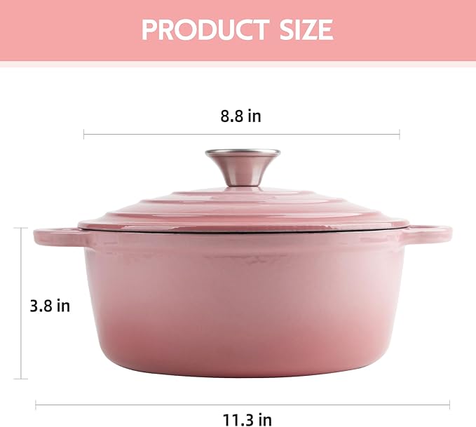 3 Quart Dutch Oven Enameled Cast Iron with Lid - Big Dual Handles - Oven Safe up to 500째F - Classic Round Pot for Versatile Cooking Pink