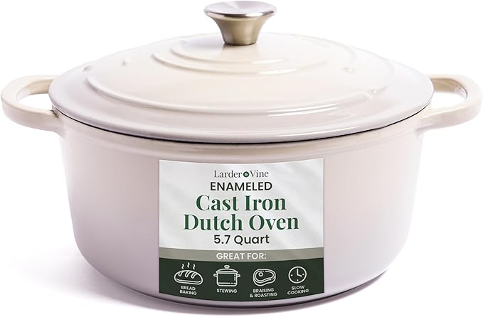 Larder & Vine Enameled Cast Iron 5.7 qt Dutch Oven Pot with Lid | Dutch Oven | Compatible on All Cooktops & Oven Safe to 500째 F | Great for Sourdough Bread | Stone